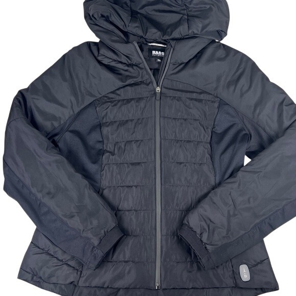 Bass Outdoor Womens Black‎ Hybrid Puffer Jacket Hooded Full Zip Size M - Picture 2 of 7